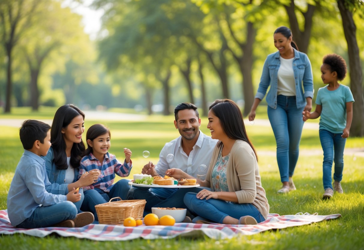 Three different families enjoying time together outdoors in a park, including a blended family having a picnic, a single parent playing with a child, and a diverse couple walking with their child.