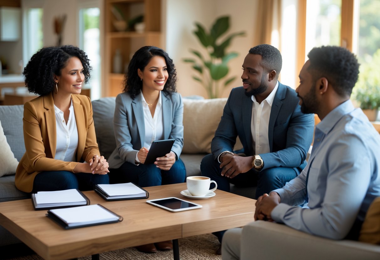 Four adults sitting around a table in a living room having a serious and supportive conversation.