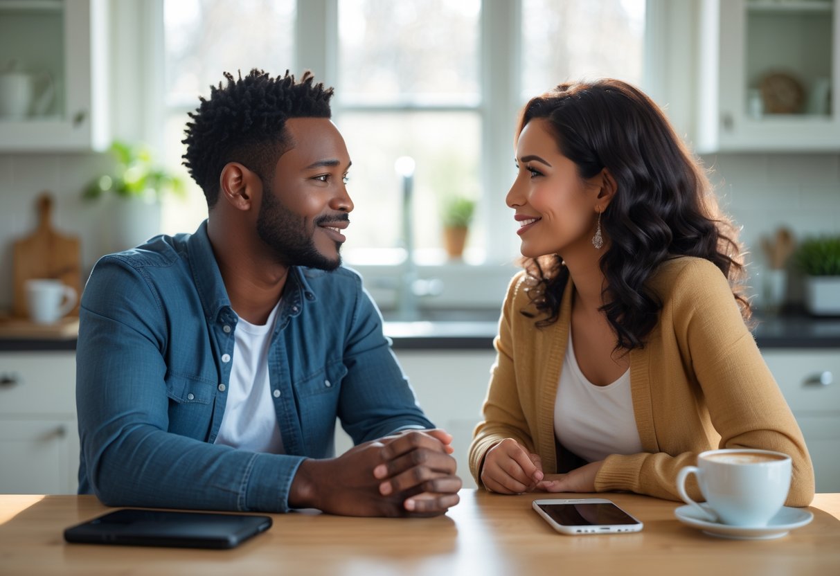 Two adults sitting at a kitchen table having a thoughtful conversation about family planning.