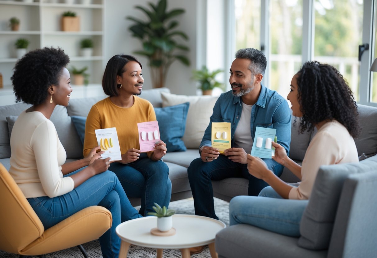 Four adults sitting together in a living room, having a calm and attentive conversation about contraception options.