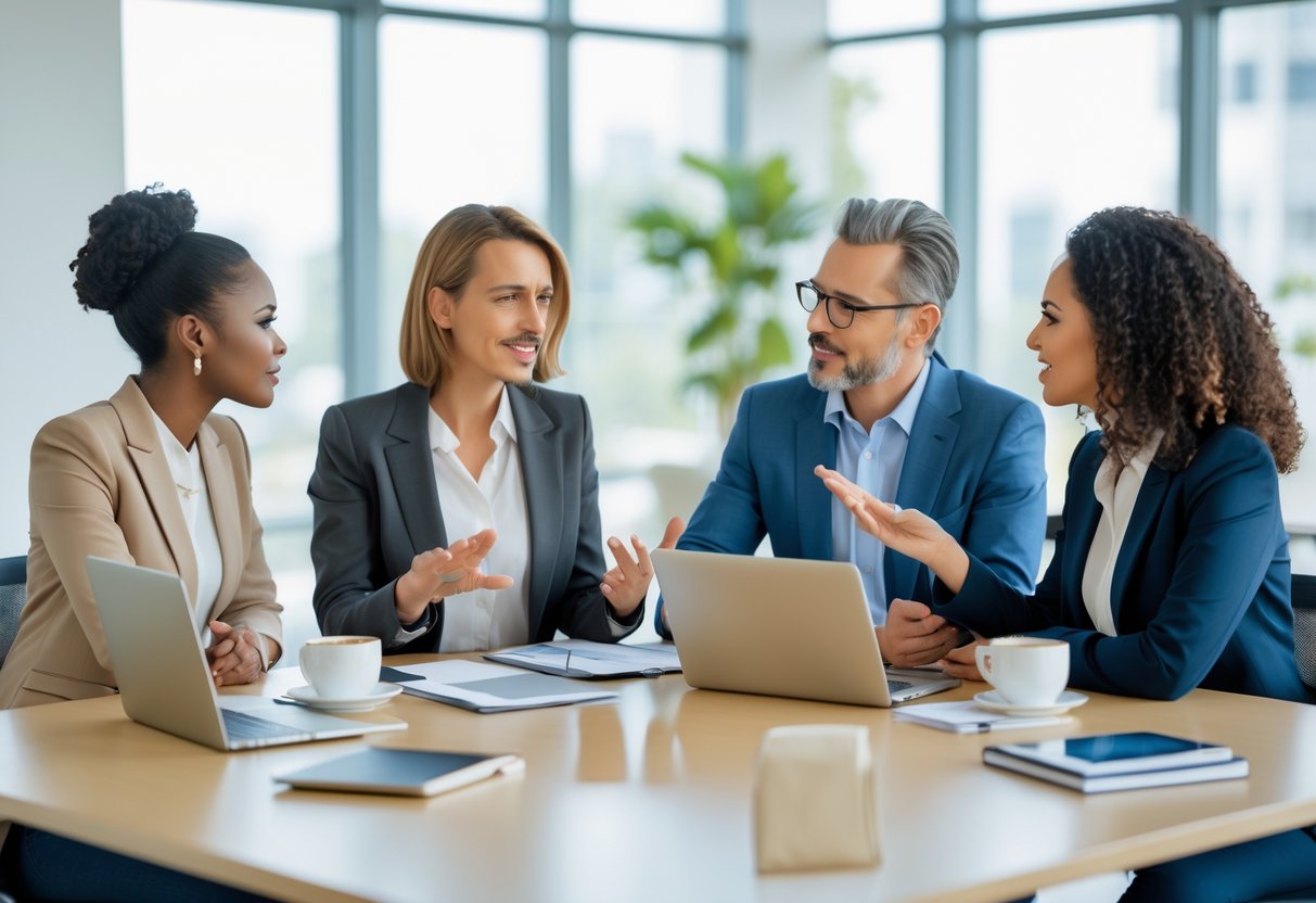 Four adults sitting around a conference table having a focused discussion in a bright office.