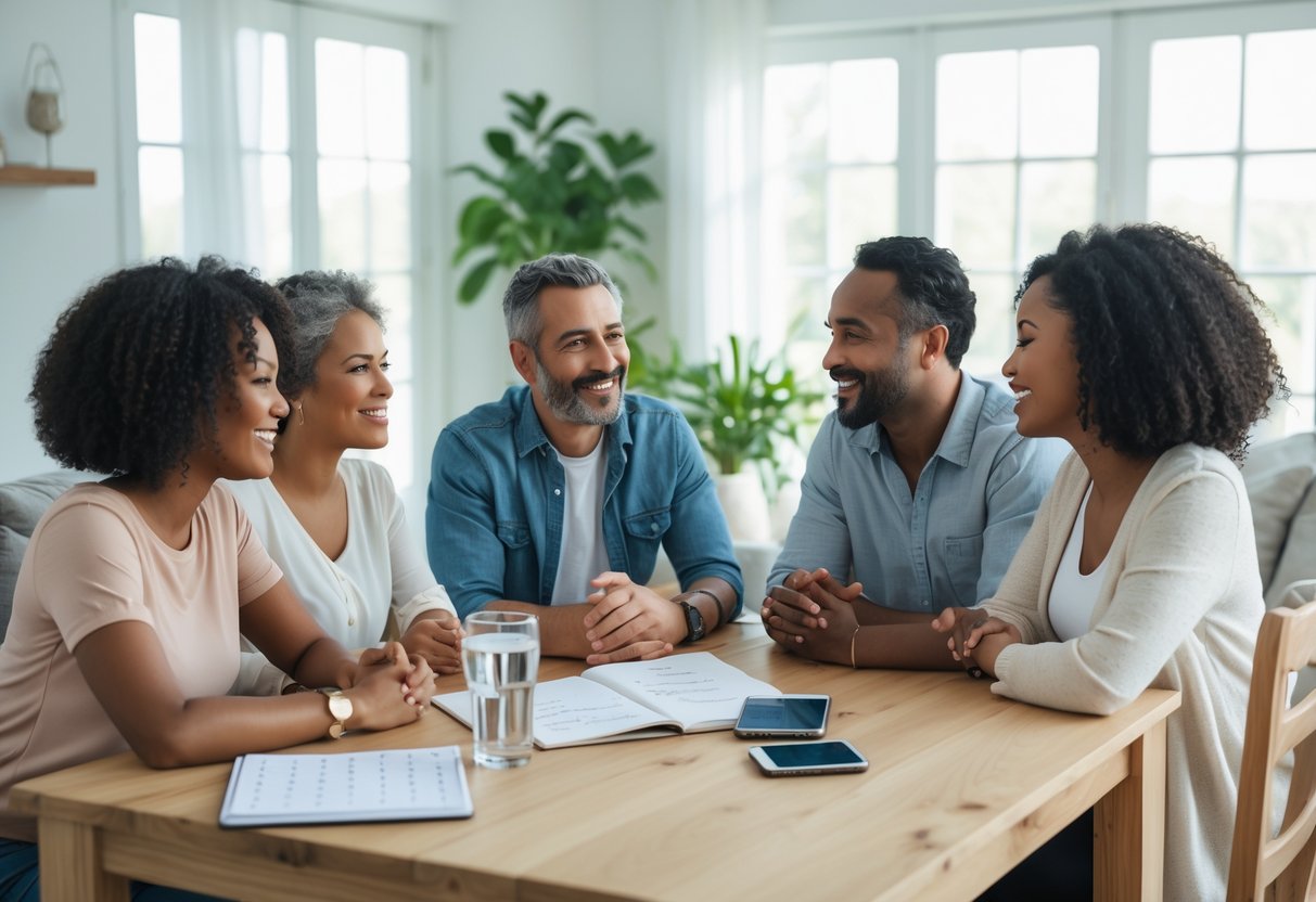 Four adults sitting around a table having a thoughtful conversation with fertility tracking materials in a bright living room.