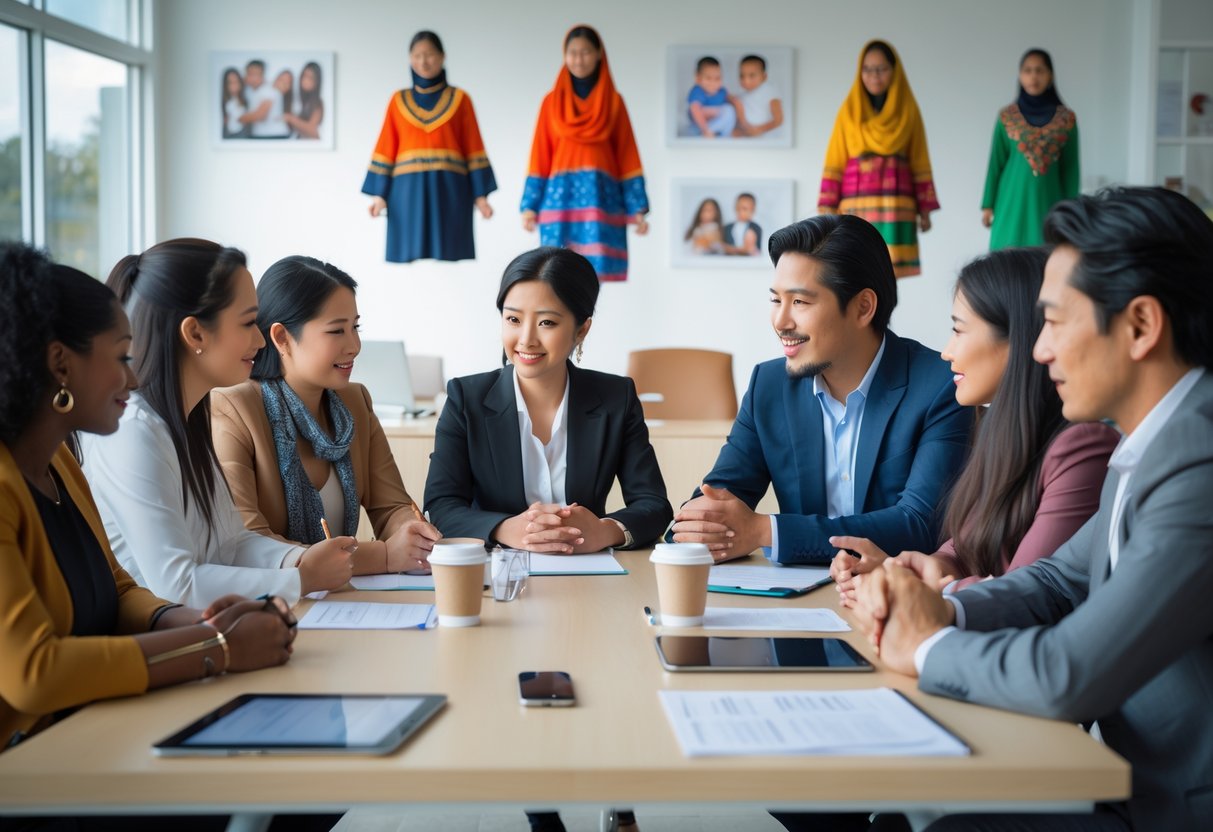 A diverse group of people having a respectful discussion around a conference table in a bright office.