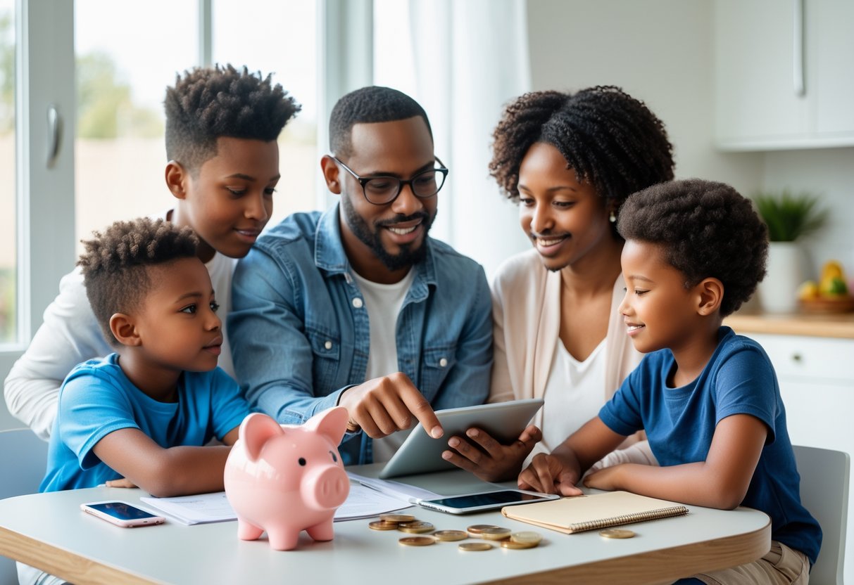 A family of four sitting at a kitchen table having a conversation about financial planning, with parents showing documents to their two children.