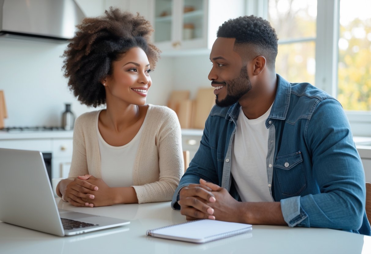 A couple sitting at a kitchen table having a serious and caring conversation.