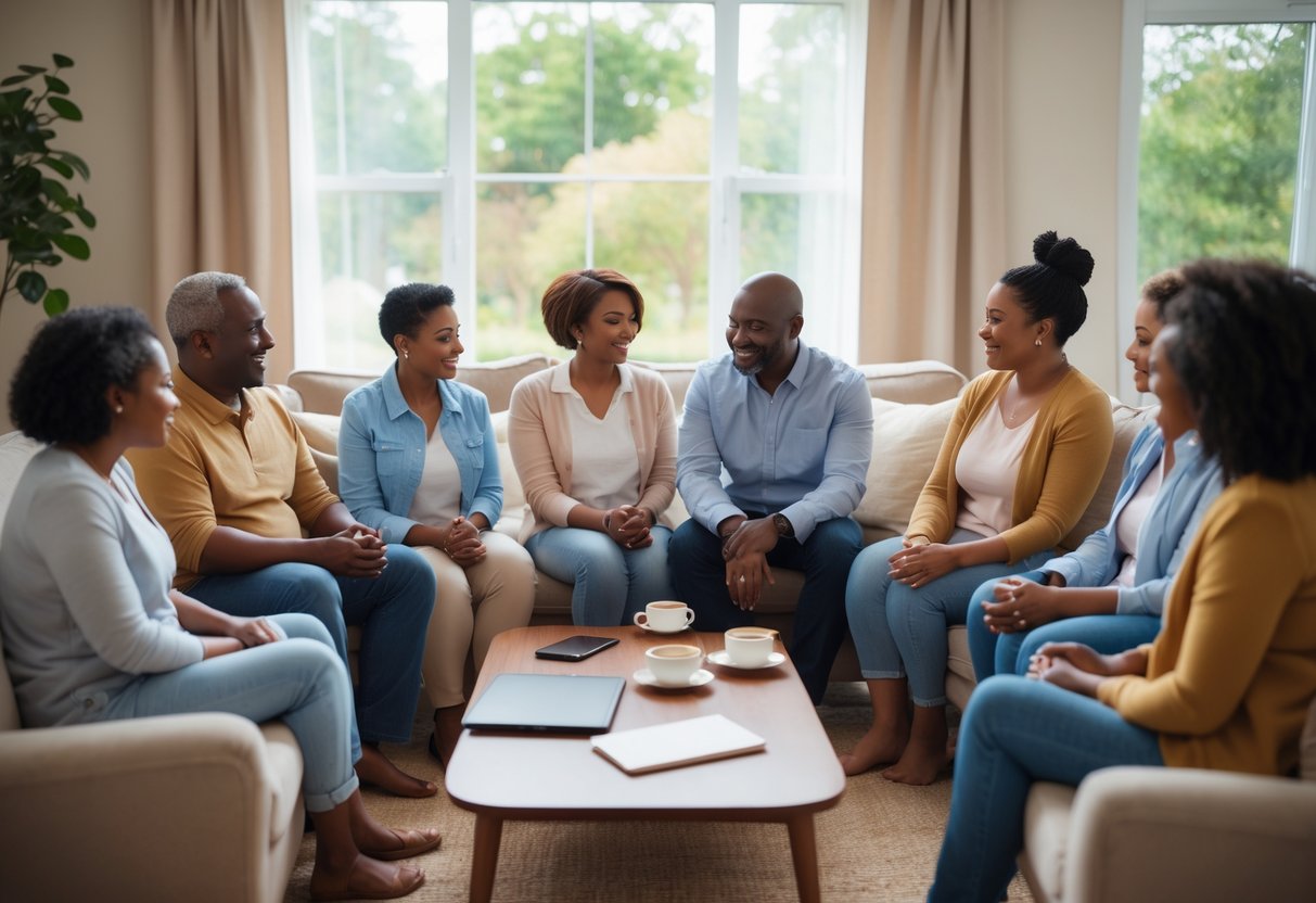 A diverse group of adults sitting in a circle in a living room, engaged in a supportive conversation about family planning.