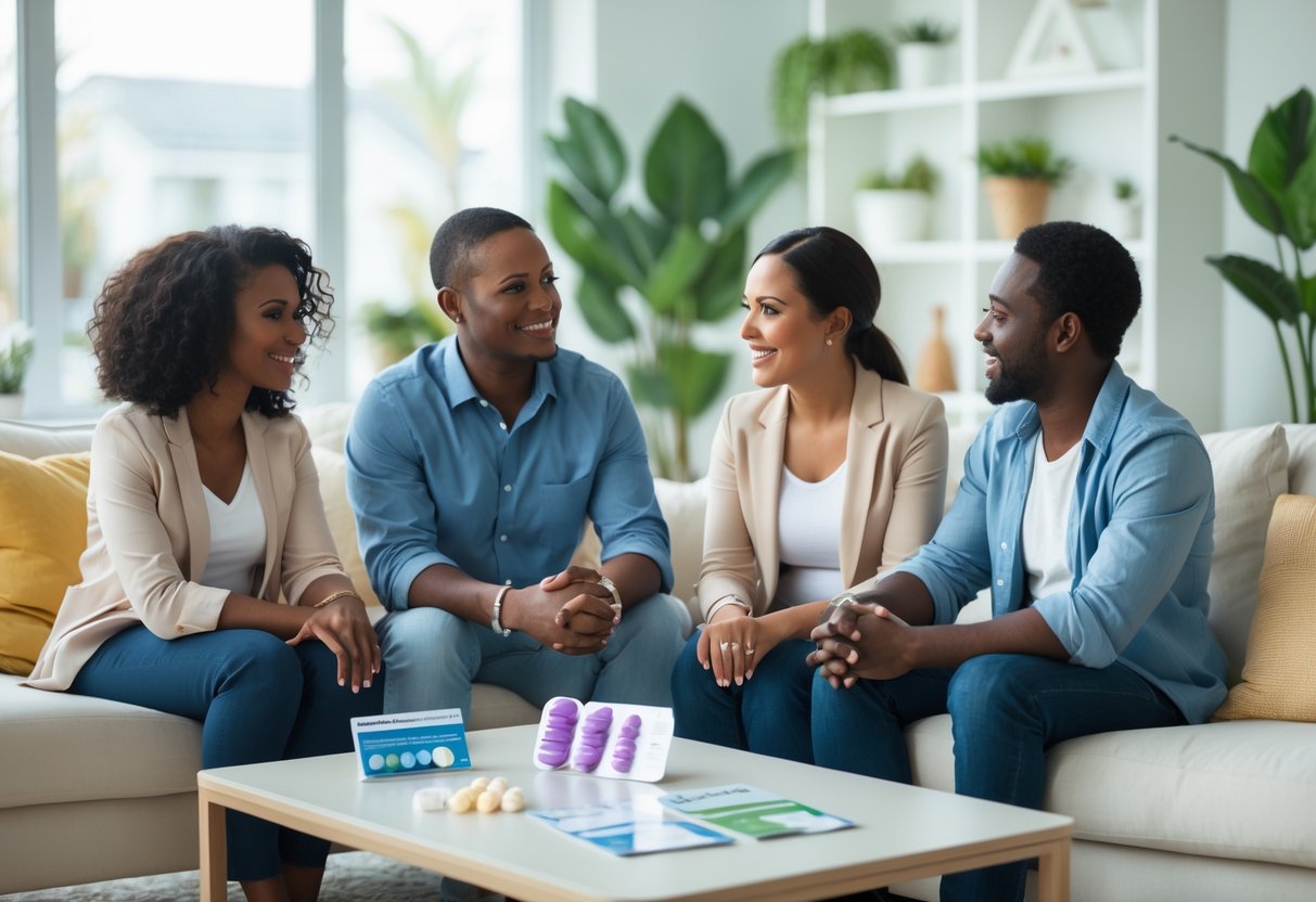 Four adults of diverse backgrounds sitting in a living room having a serious and supportive conversation about family planning.