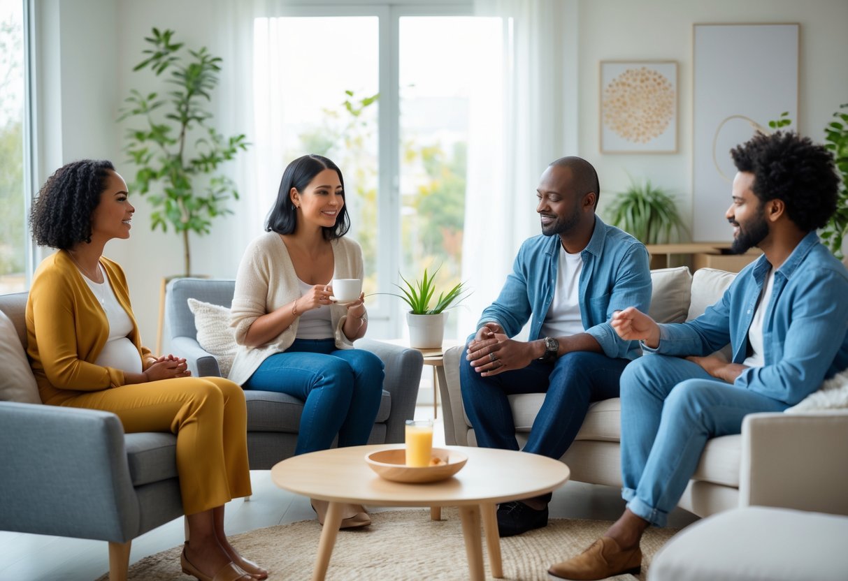 Four adults of different backgrounds sitting in a circle in a living room, having a supportive conversation.