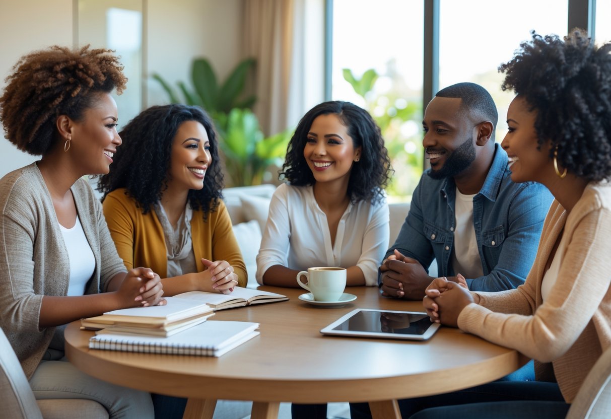 Four diverse adults sitting around a table in a living room having a friendly and engaged conversation.