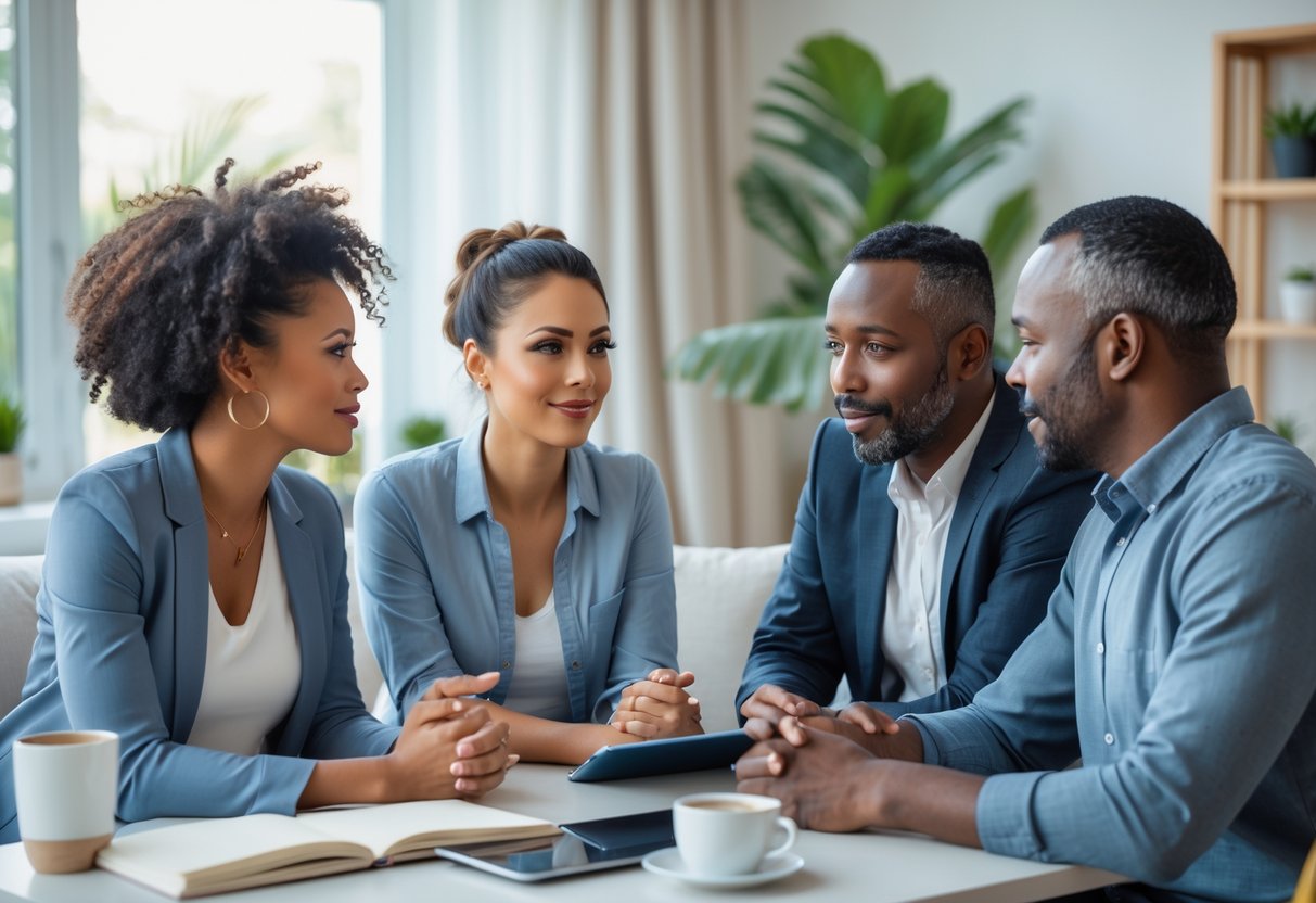 Four adults sitting around a table having a serious and supportive conversation in a bright living room.