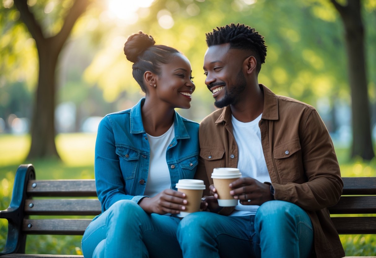 A smiling couple sitting closely on a park bench surrounded by trees, enjoying coffee together outdoors.