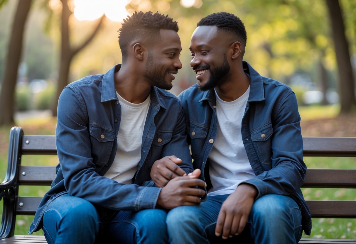 A couple sitting closely on a park bench, smiling and talking in a peaceful outdoor setting surrounded by trees.