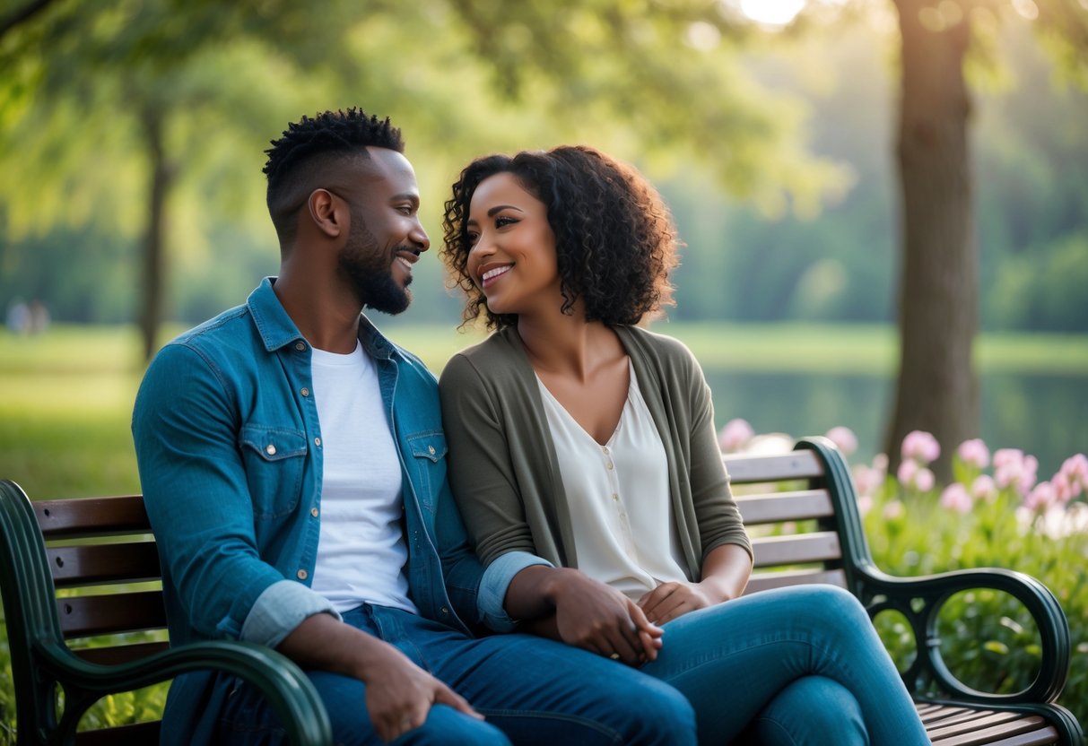 A couple sitting together on a park bench surrounded by trees and flowers, smiling and talking to each other.