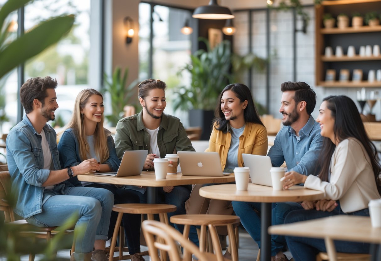 A group of diverse young adults chatting and smiling in a bright coffee shop, enjoying each other's company in a relaxed setting.