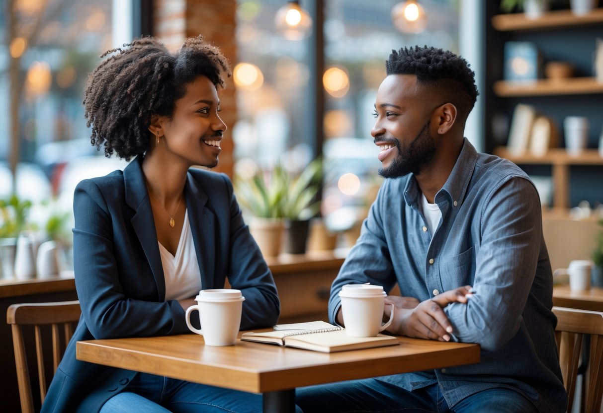 A couple sitting at a coffee shop table having a thoughtful conversation, showing connection and understanding.