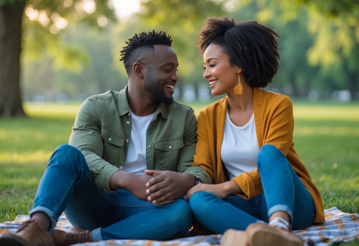 A smiling couple sitting together on a picnic blanket in a park, enjoying a peaceful moment outdoors.