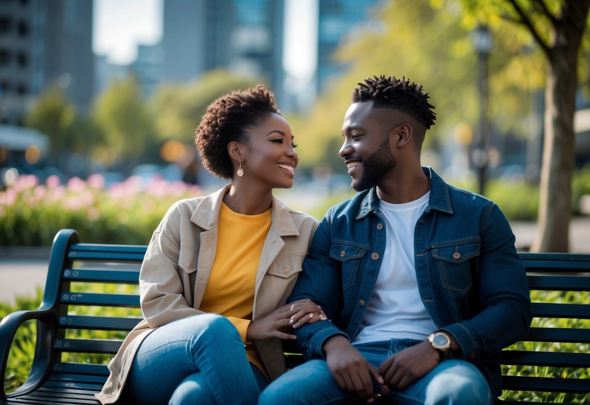 A smiling couple sitting on a park bench outdoors, engaged in a warm and happy conversation.