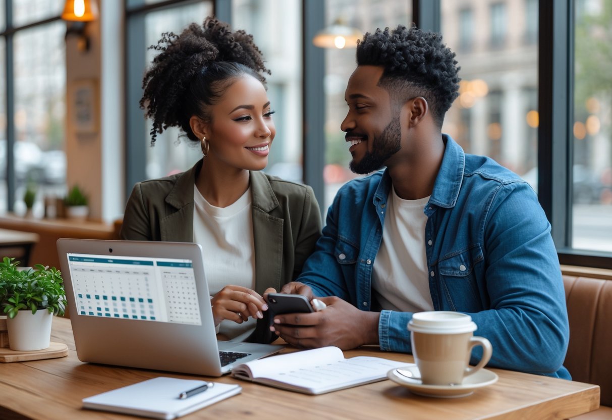 A young couple sitting at a cafe table, discussing family planning with a laptop and notebooks in front of them.
