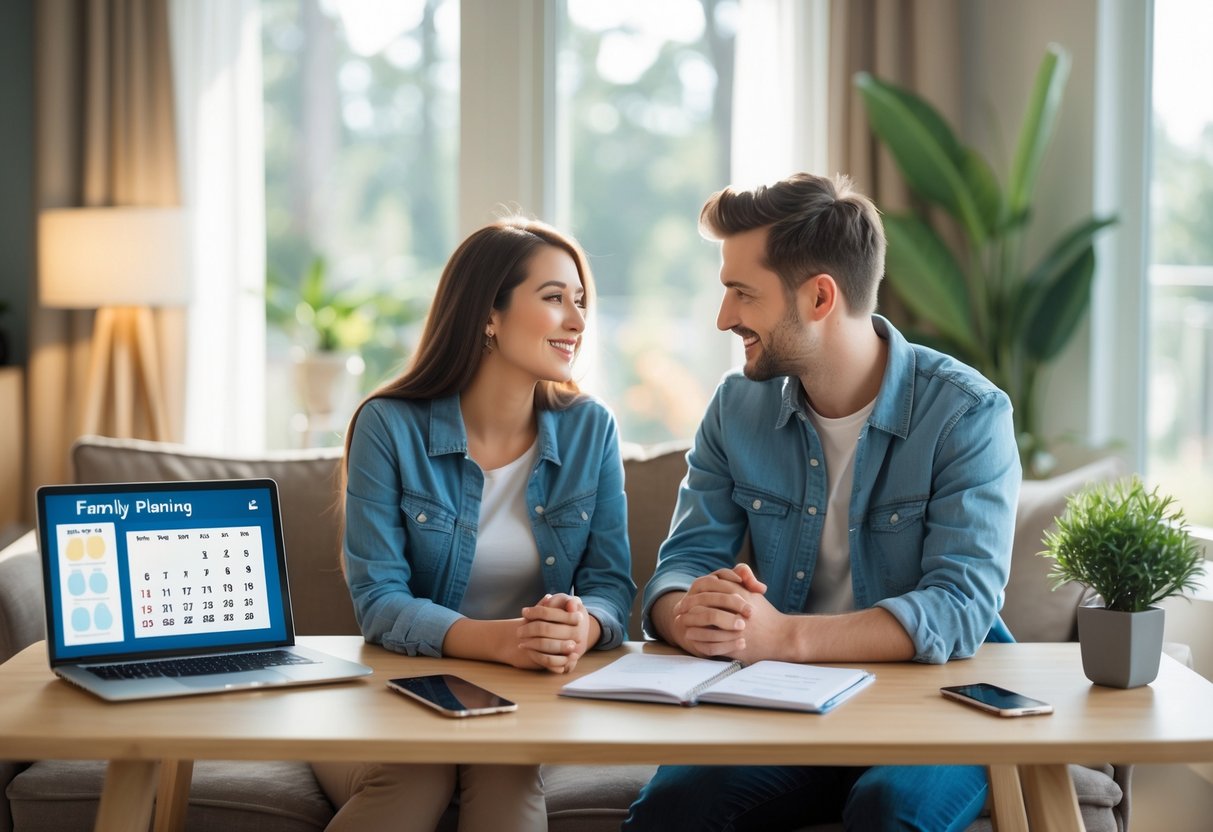 A young couple sitting at a table in a cozy living room, having a serious and attentive conversation with family planning materials on the table.