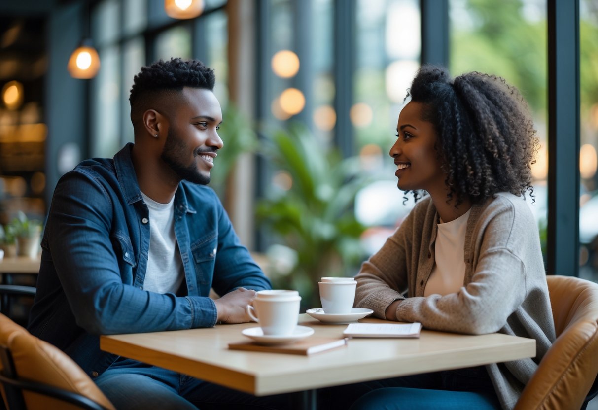 A couple sitting at a café table having a warm and attentive conversation.