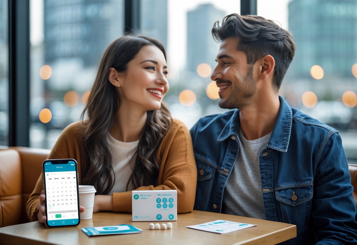 A young couple sitting at a café table having a friendly conversation with family planning items on the table.