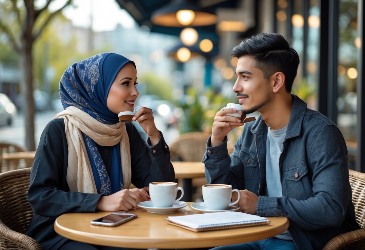 A young diverse couple sitting at an outdoor café table having a serious conversation while holding coffee cups.