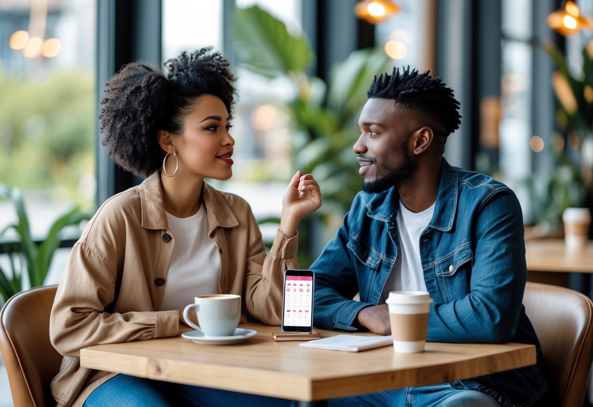 A young couple sitting at a cafe table, talking thoughtfully and surrounded by a calendar and a smartphone.