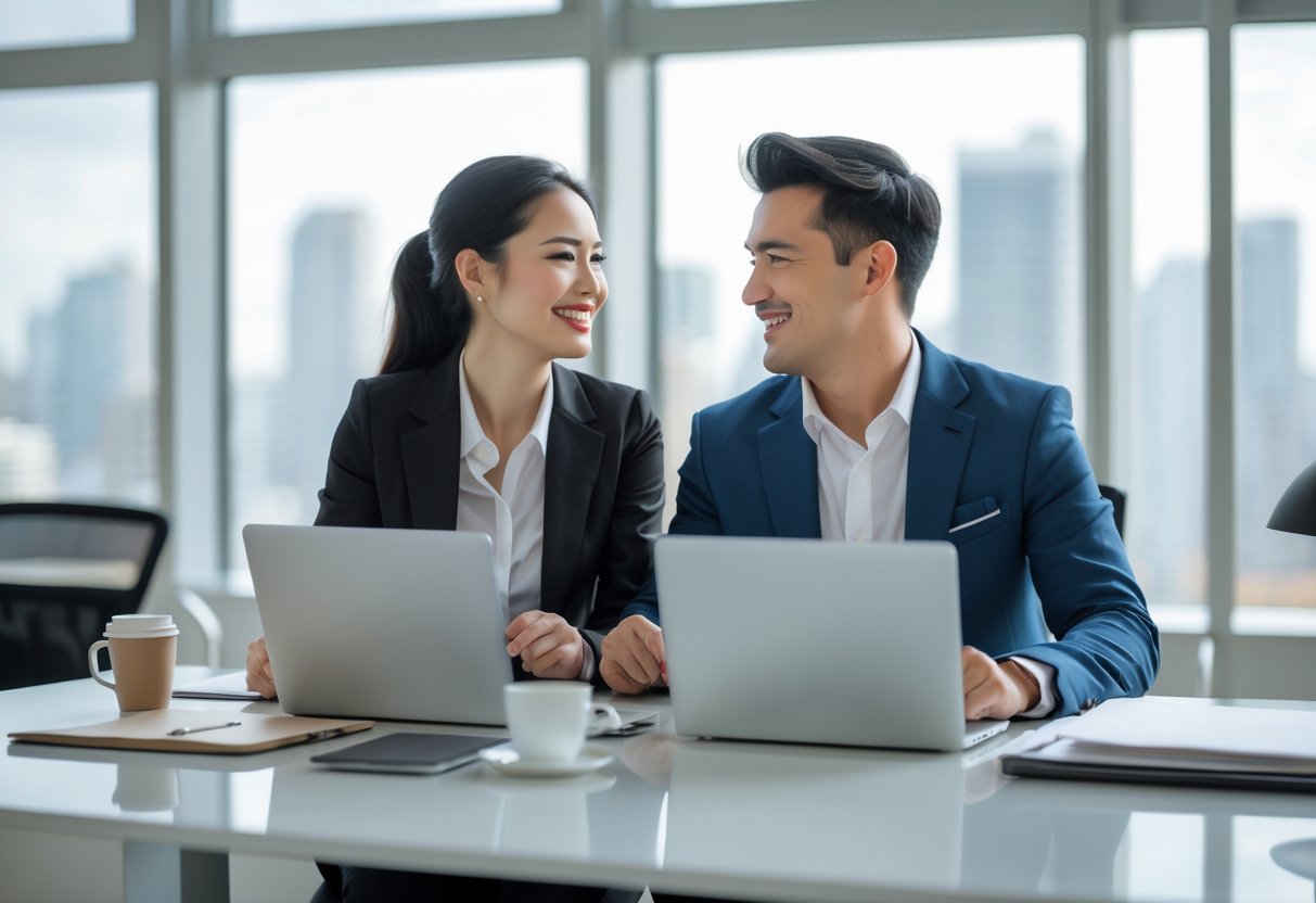 A young couple smiling at each other while working together at a desk in a modern office with city views.