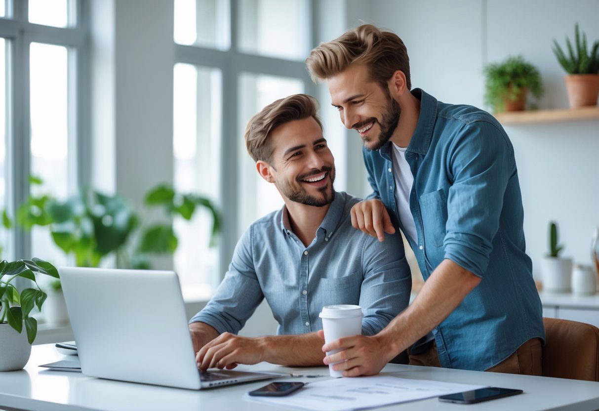 A young couple smiling and interacting warmly in a bright home office, with one working at a desk and the other standing nearby holding a coffee cup.