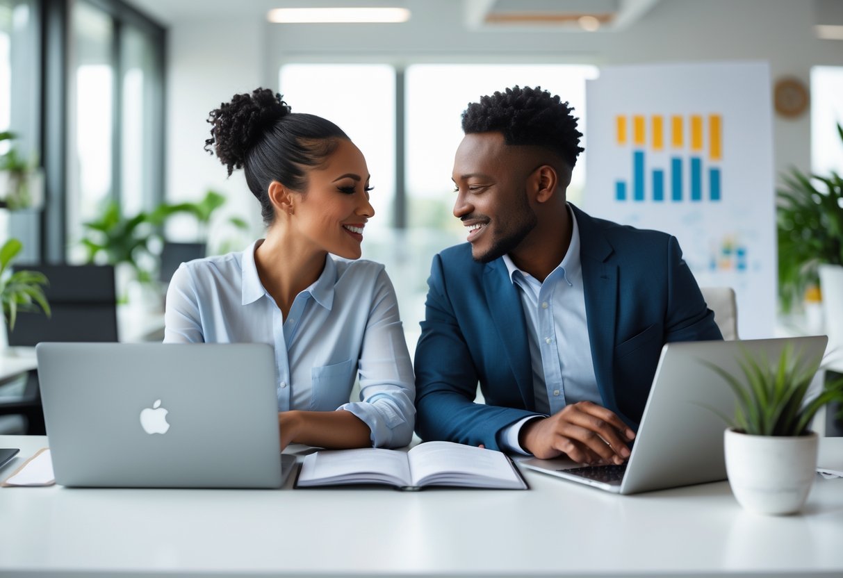 A couple sitting together at a desk in an office, smiling and talking while working on laptops.