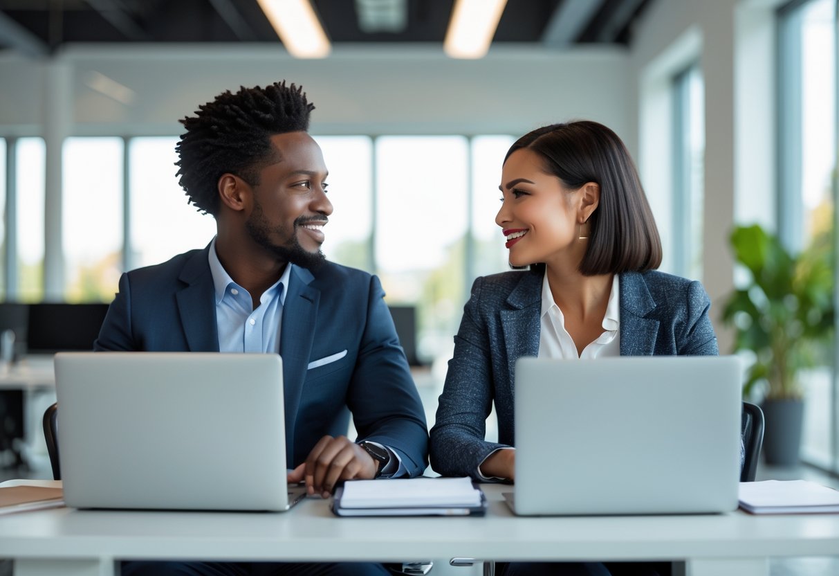 A couple sitting together at a desk in an office, talking and smiling while working on laptops.