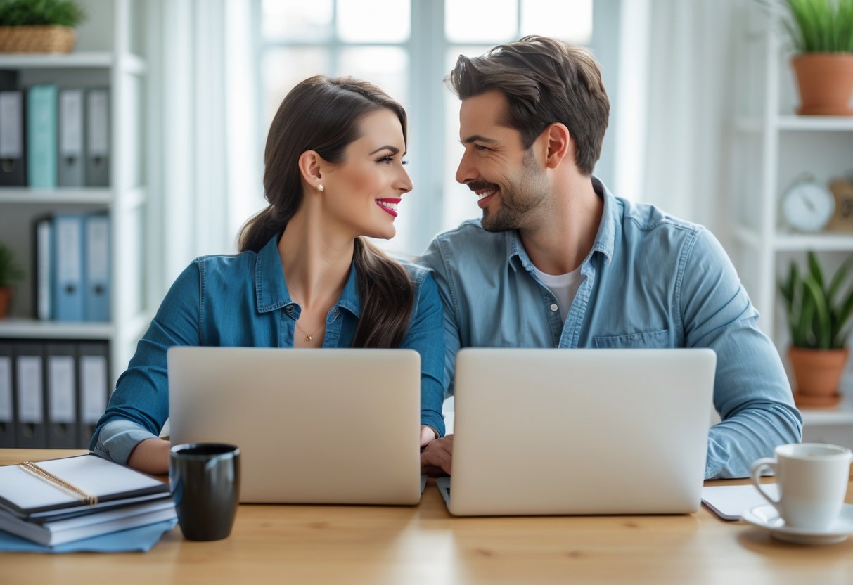 A couple sitting together at a desk with laptops and planners, smiling and working in a bright home office.