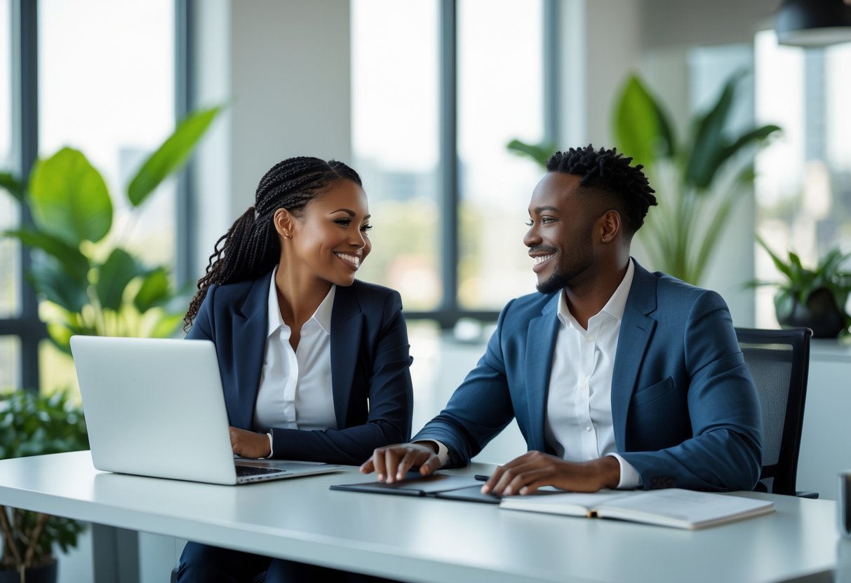 A couple working together at a desk in an office, smiling and supporting each other.