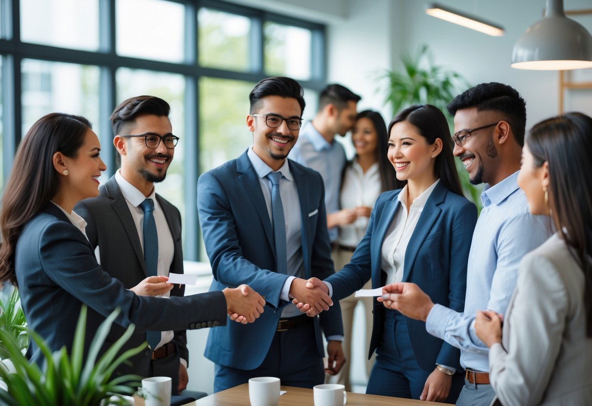 A diverse group of young professionals networking in a modern office while a couple shares a warm moment in the background.