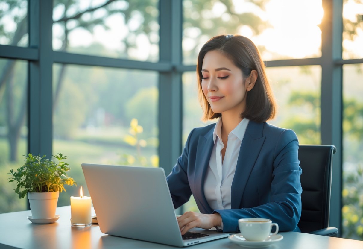 A person sitting at a tidy office desk with a laptop, surrounded by a plant, a cup of tea, and a candle, looking calm and focused with a window showing a peaceful natural scene in the background.