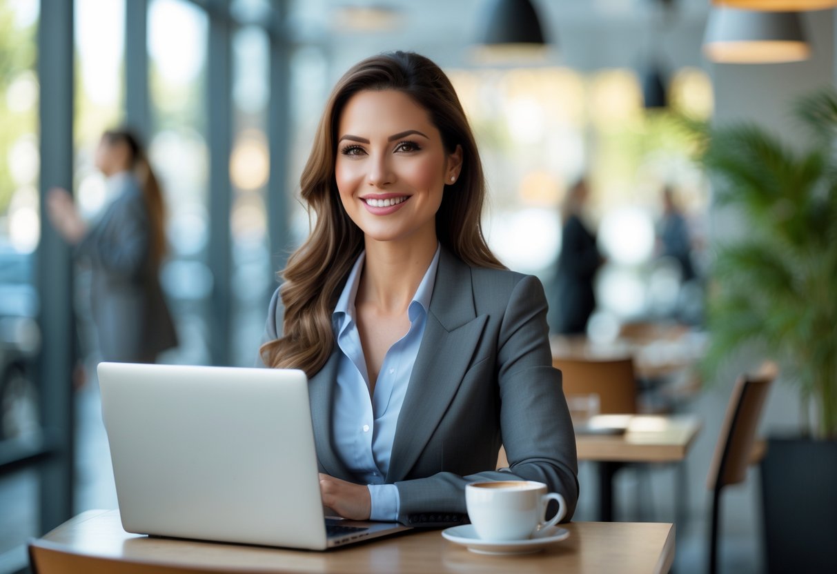 A professional woman sitting at a cafe table with a laptop and coffee, smiling thoughtfully in an urban setting.