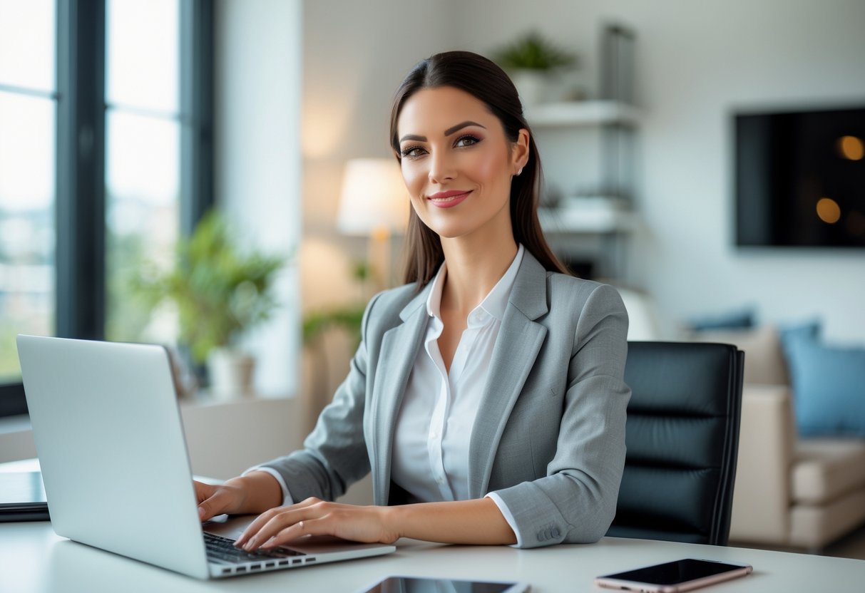 A professional woman sitting at a desk in a bright office with a laptop and phone, looking calm and confident, with a living area visible in the background.