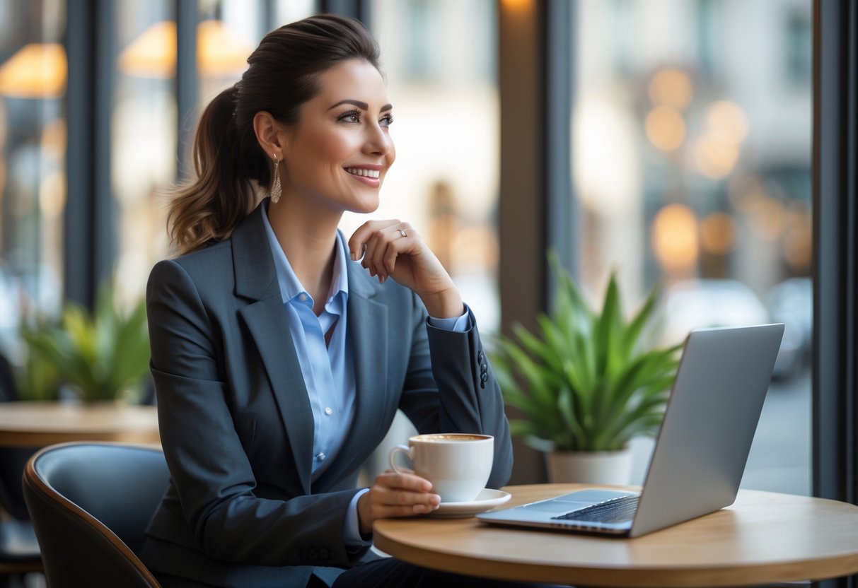 A professional woman sitting at a café table with a laptop and coffee, looking thoughtfully out the window.