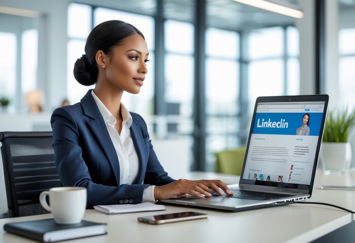 A professional woman in business attire working on a laptop at a bright office desk.