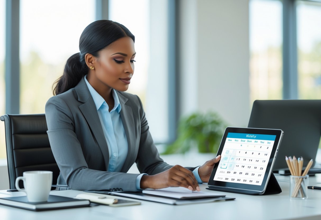 A confident woman in business attire sitting at a desk, looking at a calendar planner in a bright office.