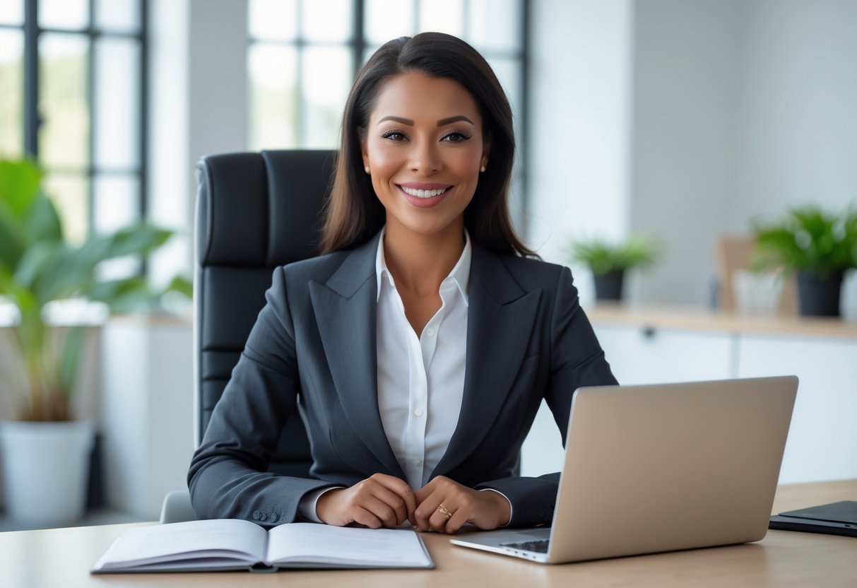 A professional woman sitting at a desk in an office, smiling and engaged in conversation.