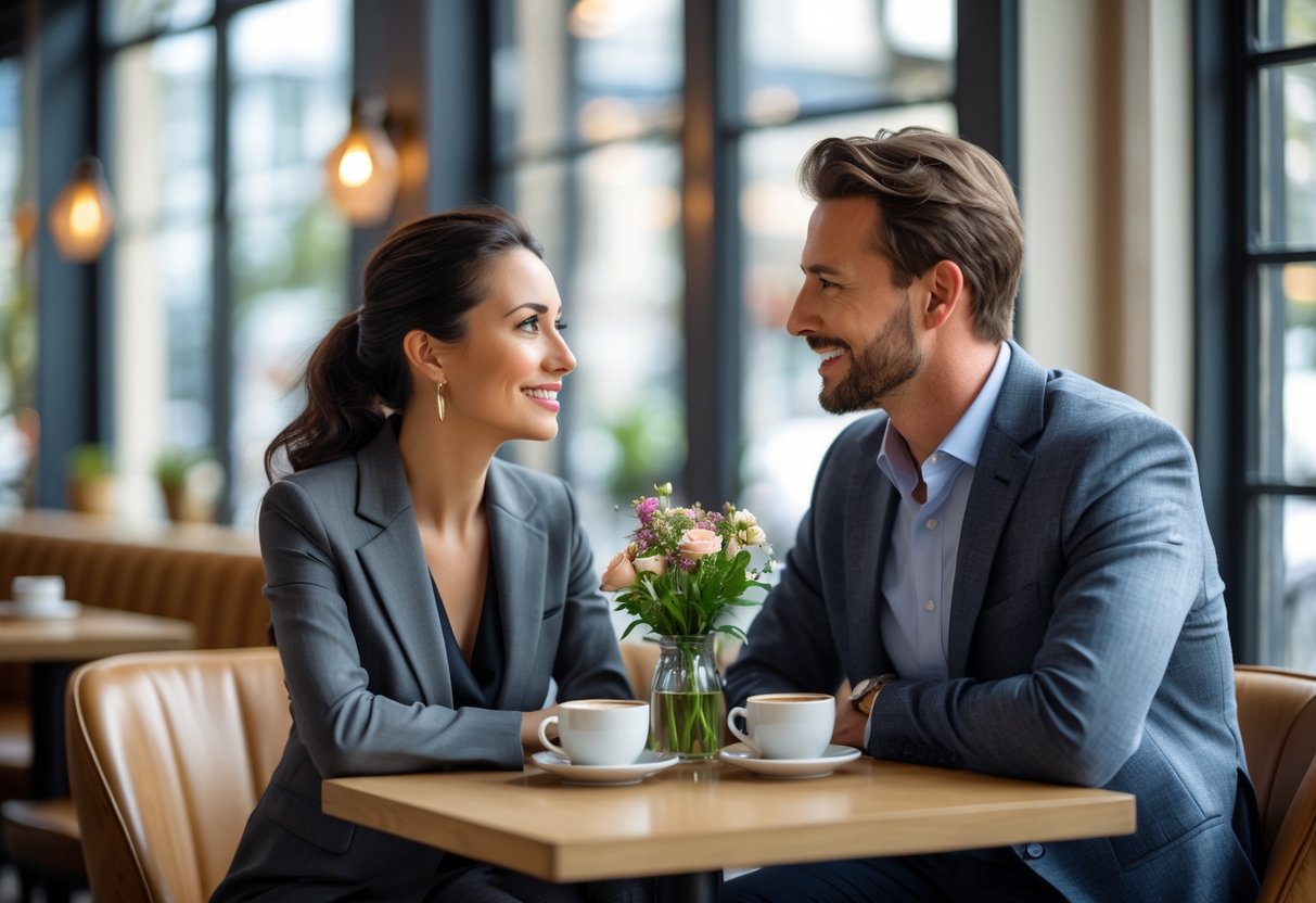 A professional woman and a man sitting at a cafe table, engaged in a conversation with attentive expressions.