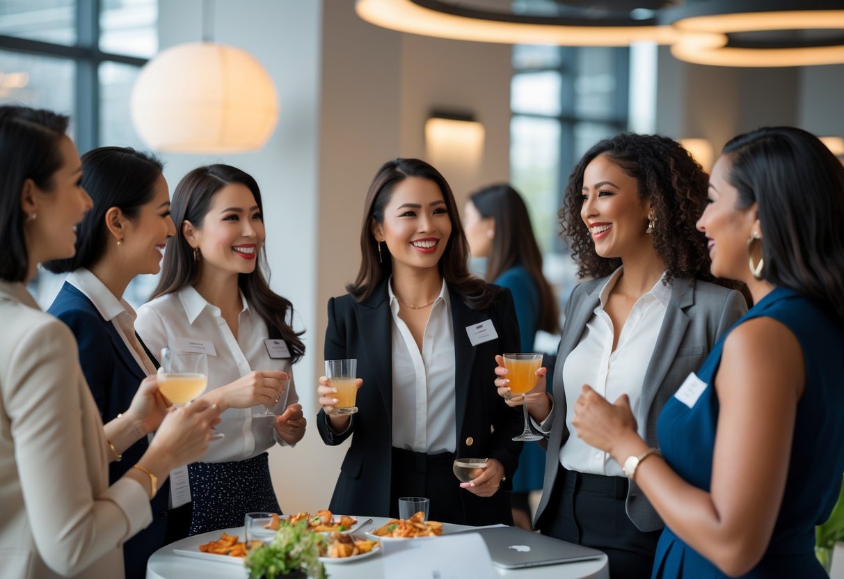 A group of professional women talking and socializing at a networking event in a modern indoor space.