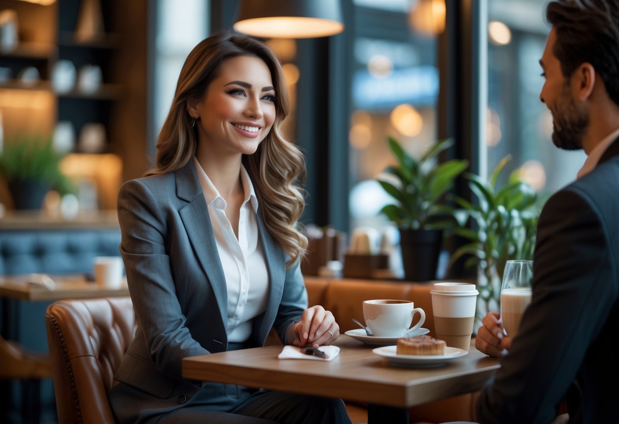 A woman and a man sitting at a small cafe table, smiling and talking with coffee cups in front of them.