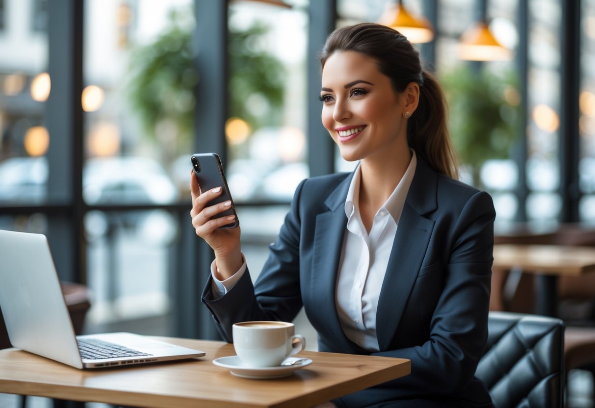 A professional woman sitting at a cafe table using her smartphone, smiling confidently.