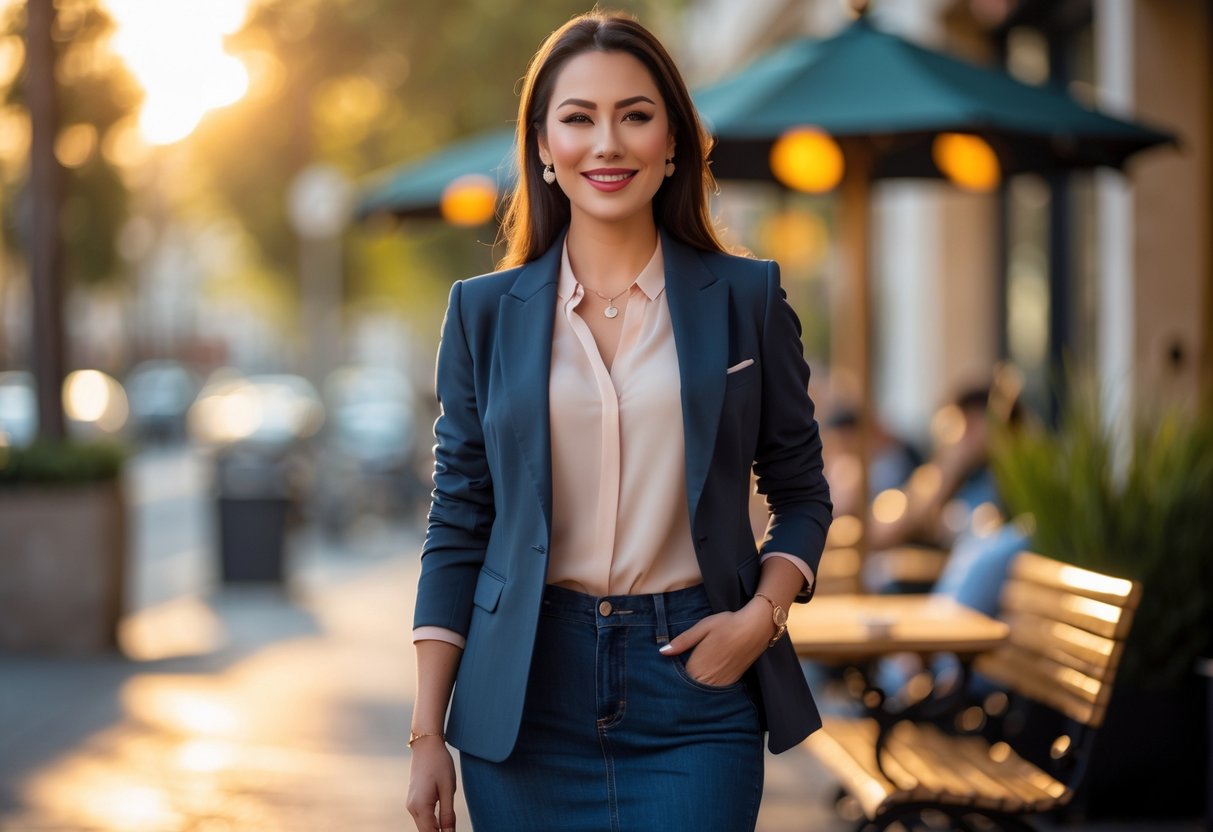A confident professional woman standing outdoors near a café, dressed in a smart casual outfit, smiling warmly.