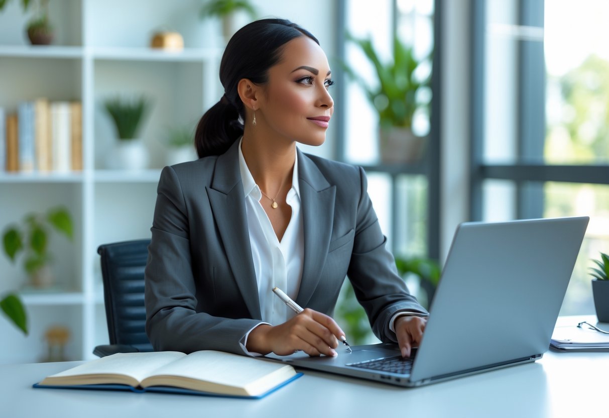 A professional woman sitting at a desk in an office, looking thoughtfully out the window.