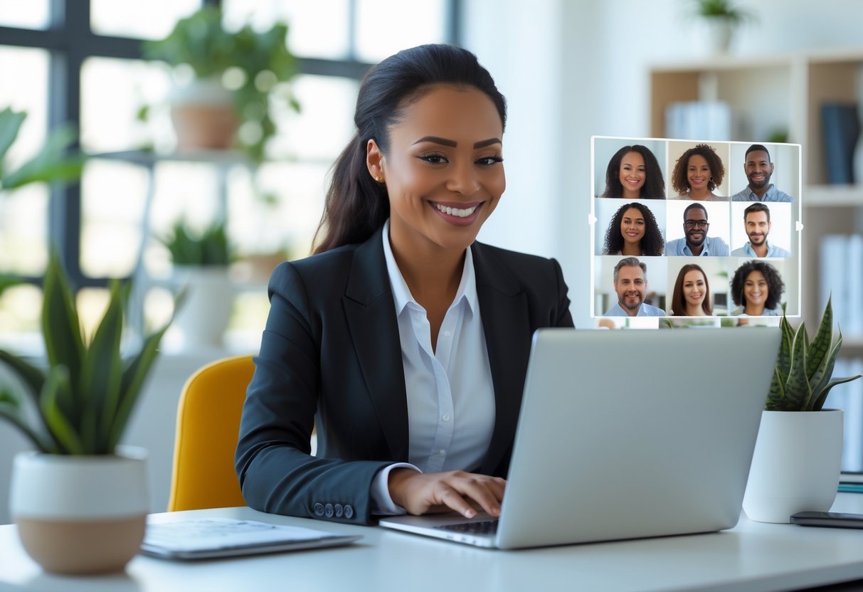 A professional woman sitting at a desk, smiling and video calling with friends and colleagues on her laptop in a bright office.