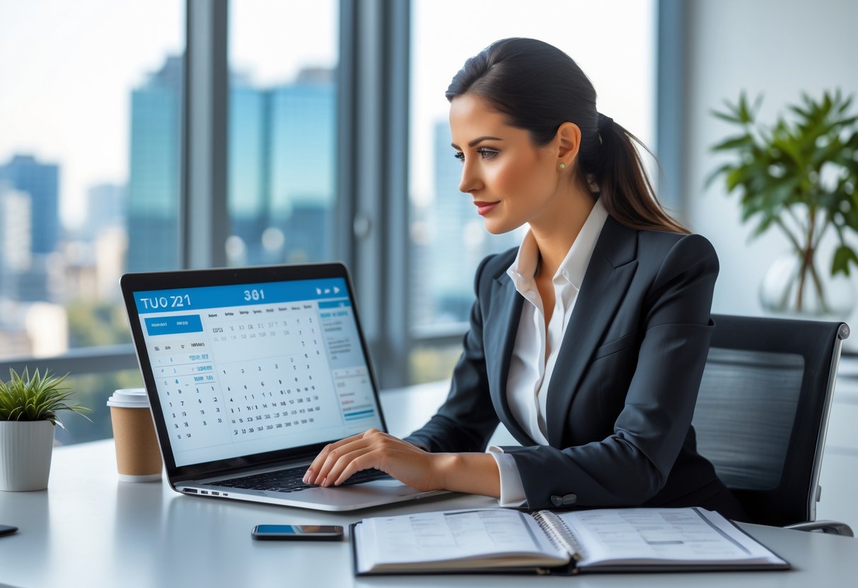 A professional woman in business attire sitting at a desk, looking at a digital calendar on her laptop with a smartphone and planner nearby in a bright office with a city view.