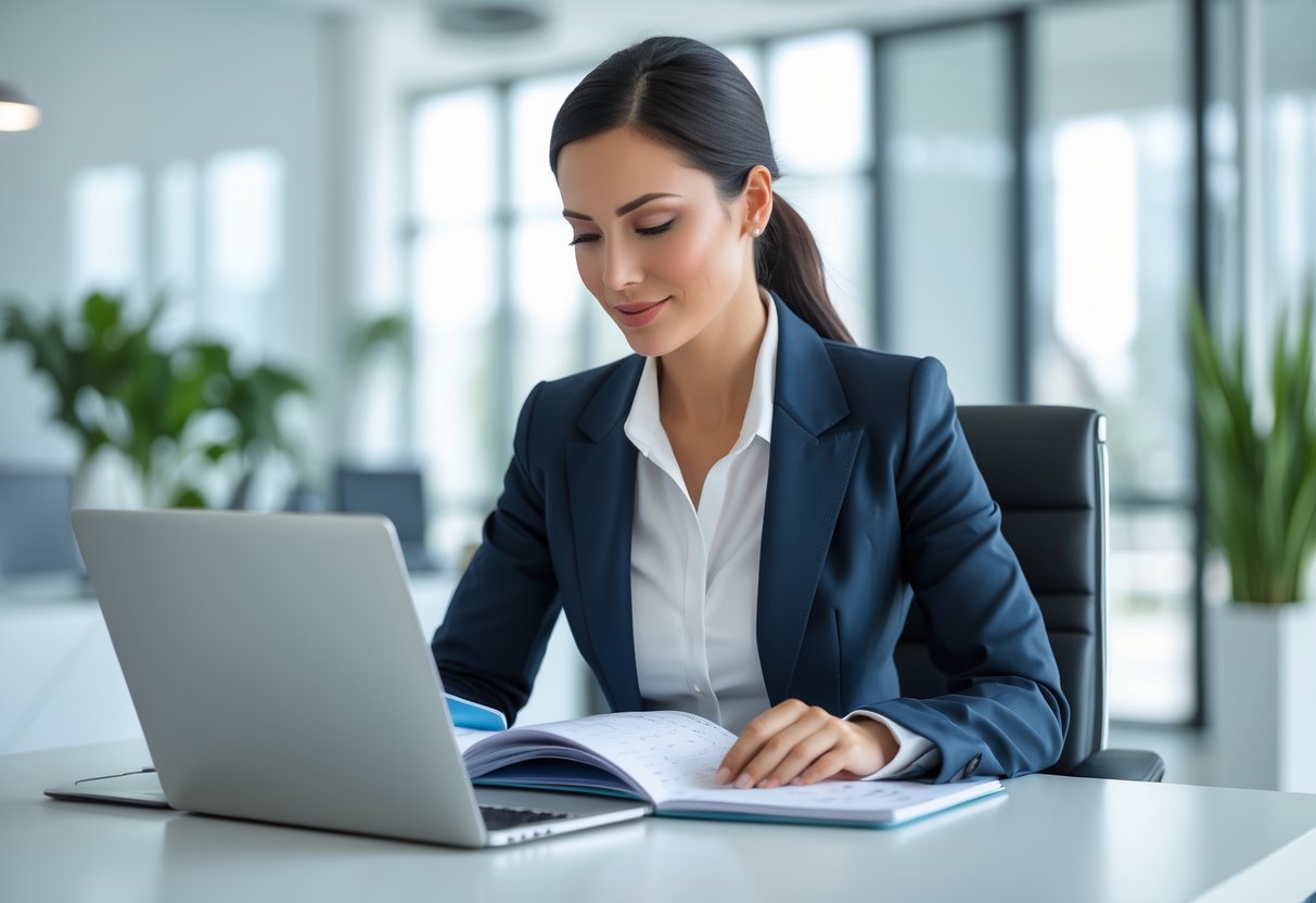 A professional woman at her office desk looking thoughtfully at her calendar planner with a laptop in front of her.